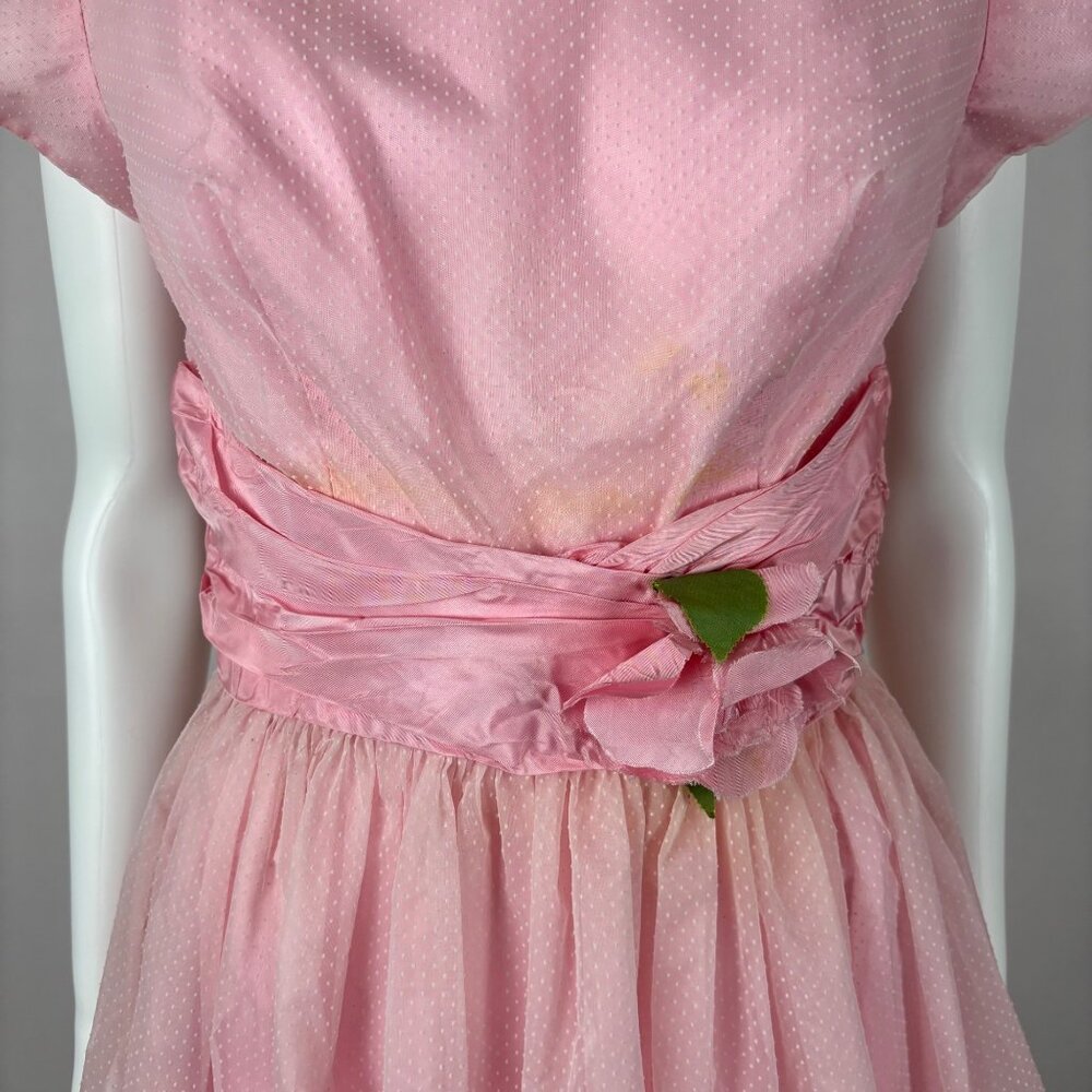 Vintage 50s Prom Dress Women's XS Pink Dotted Swiss Full Skirt Formal Fit Flare - Picture 5 of 15